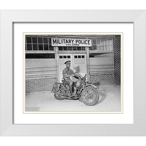 WWII An MP on motorcycle stands ready to answer all calls around his area. Columbus-Georgia White Modern Wood Framed Art Print with Double Matting by U.S. Archives