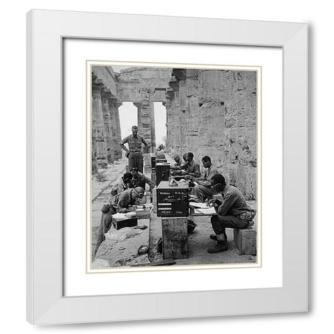 WWII 480th Port Battalion Set Up Between the Columns of the Ancient Greek Temple of Neptune White Modern Wood Framed Art Print with Double Matting by U.S. Archives
