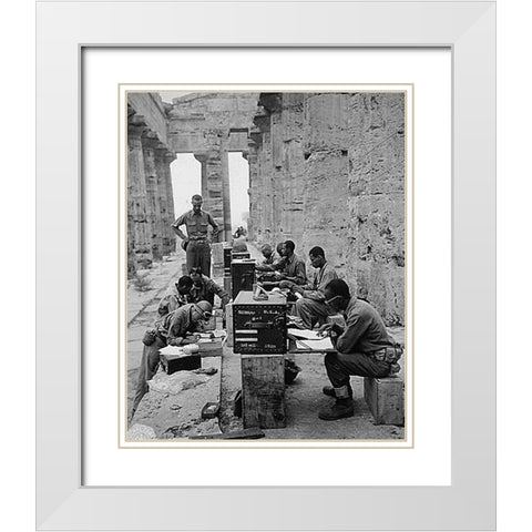 WWII 480th Port Battalion Set Up Between the Columns of the Ancient Greek Temple of Neptune White Modern Wood Framed Art Print with Double Matting by U.S. Archives