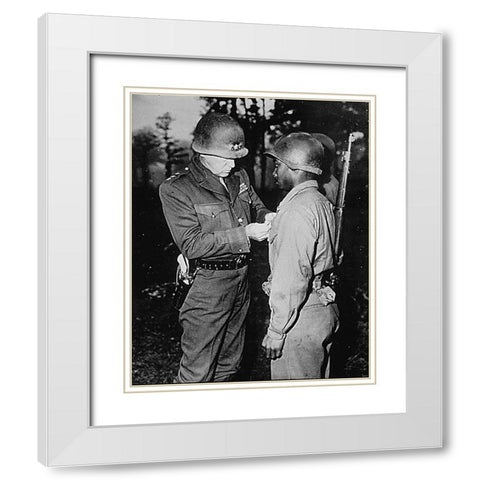WWII Lt. Gen. George S. Patton-U.S. Third Army commander-pins the Silver Star on Private Ernest A. J White Modern Wood Framed Art Print with Double Matting by U.S. Archives