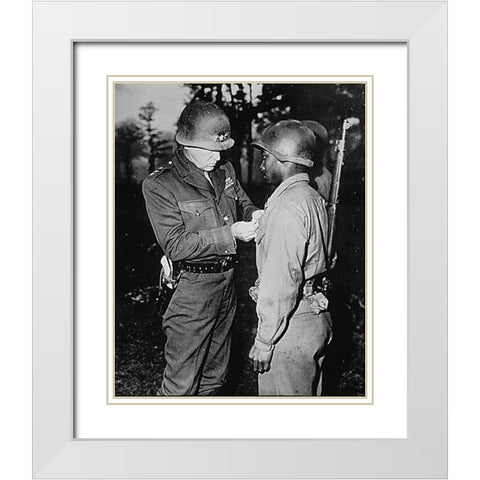 WWII Lt. Gen. George S. Patton-U.S. Third Army commander-pins the Silver Star on Private Ernest A. J White Modern Wood Framed Art Print with Double Matting by U.S. Archives