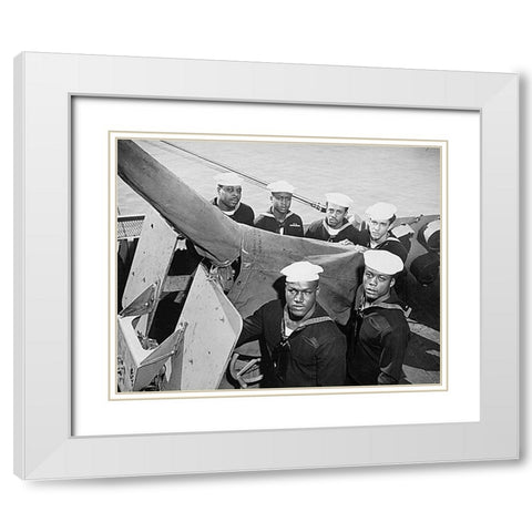 WWII A Navy gun crew who were all awarded the Navy Cross White Modern Wood Framed Art Print with Double Matting by U.S. Archives