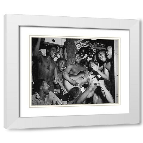 WWII men aboard the U.S.S. Ticonderoga hear the news of Japans surrender White Modern Wood Framed Art Print with Double Matting by U.S. Archives