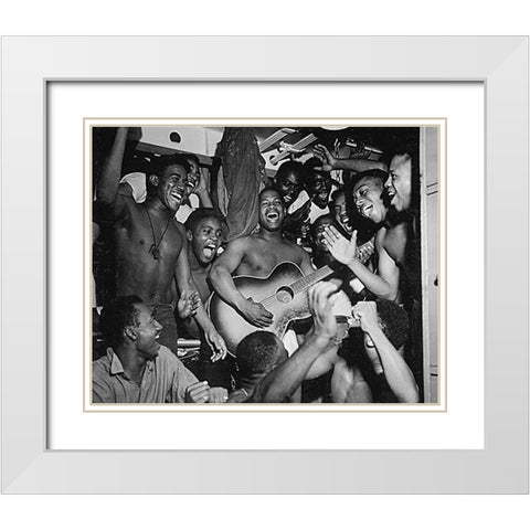 WWII men aboard the U.S.S. Ticonderoga hear the news of Japans surrender White Modern Wood Framed Art Print with Double Matting by U.S. Archives