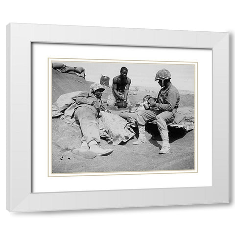 WWII Marines on the beach at Iwo Jima White Modern Wood Framed Art Print with Double Matting by U.S. Archives