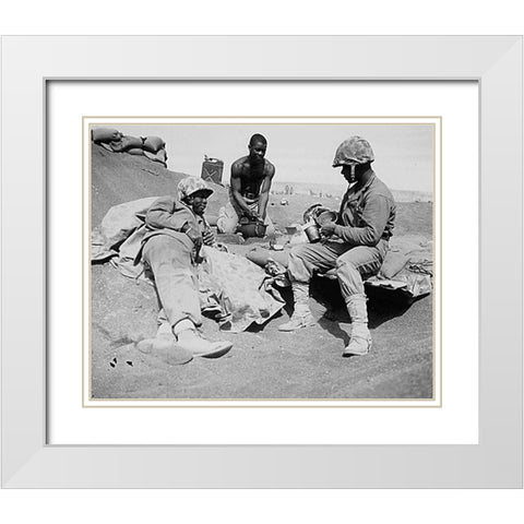 WWII Marines on the beach at Iwo Jima White Modern Wood Framed Art Print with Double Matting by U.S. Archives