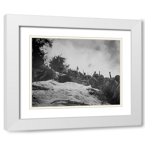 WWII assault troops await orders D-day at Saipan in the Marianas White Modern Wood Framed Art Print with Double Matting by U.S. Archives