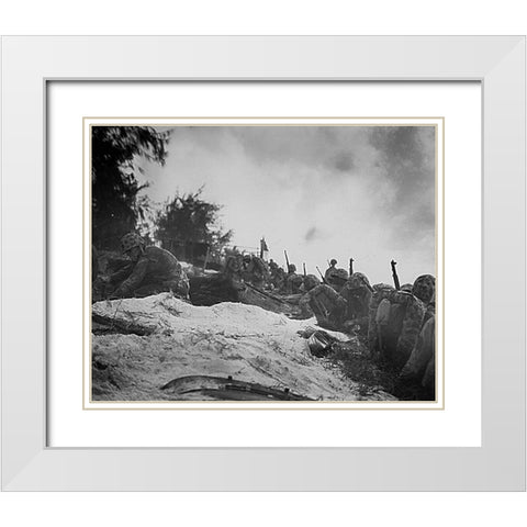 WWII assault troops await orders D-day at Saipan in the Marianas White Modern Wood Framed Art Print with Double Matting by U.S. Archives