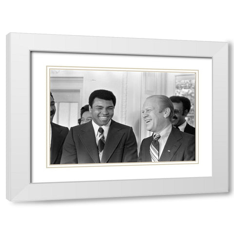 President Gerald R. Ford and Boxer Muhammad Ali in the Oval Office White Modern Wood Framed Art Print with Double Matting by U.S. Archives