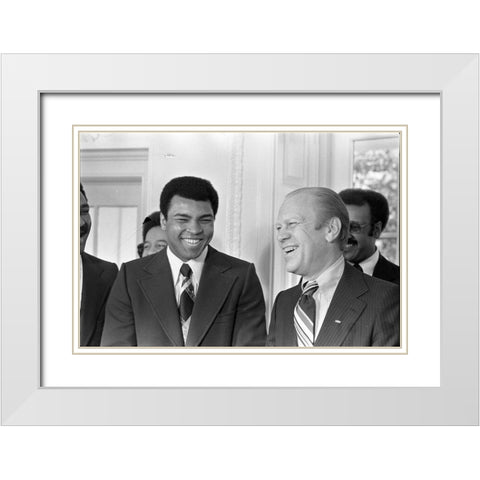 President Gerald R. Ford and Boxer Muhammad Ali in the Oval Office White Modern Wood Framed Art Print with Double Matting by U.S. Archives