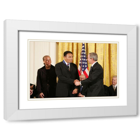 President George W. Bush Shakes Hands with Muhammad Ali White Modern Wood Framed Art Print with Double Matting by U.S. Archives