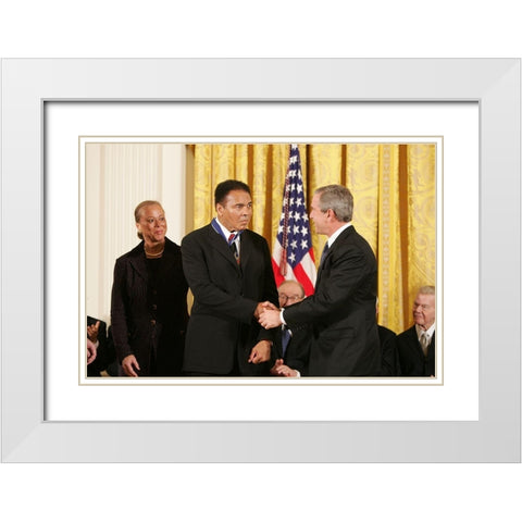 President George W. Bush Shakes Hands with Muhammad Ali White Modern Wood Framed Art Print with Double Matting by U.S. Archives