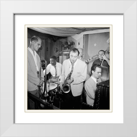 Bill Harris-Denzil Best-Flip Phillips-Billy Bauer-Lennie Tristano-Chubby Jackson-1947. Pied Piper-NY White Modern Wood Framed Art Print with Double Matting by Gottlieb, William