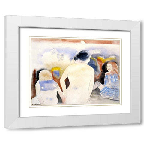 Woman with Black Hair and Two Children White Modern Wood Framed Art Print with Double Matting by Demuth, Charles