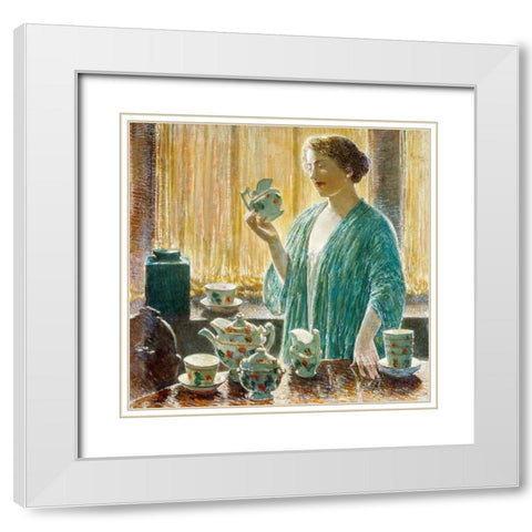 Strawberry Tea Set White Modern Wood Framed Art Print with Double Matting by Hassam, Childe