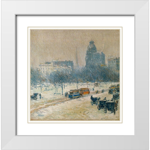 Winter in Union Square White Modern Wood Framed Art Print with Double Matting by Hassam, Childe