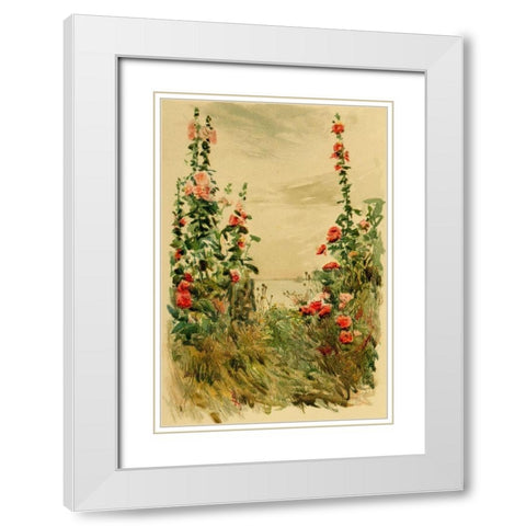 Hollyhocks White Modern Wood Framed Art Print with Double Matting by Hassam, Childe