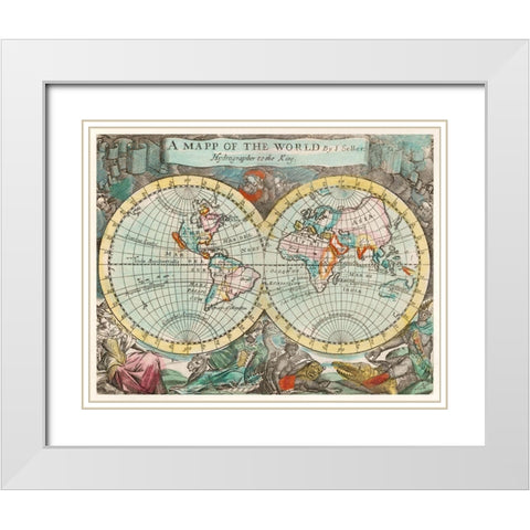A mapp of the world 1682 White Modern Wood Framed Art Print with Double Matting by Playford, John