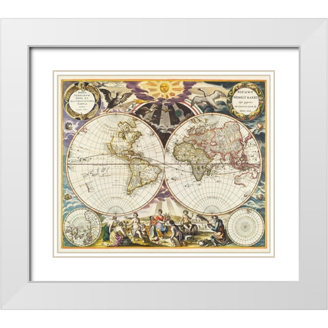 New World Map 1672 White Modern Wood Framed Art Print with Double Matting by Mitchell, Samuel Augustus