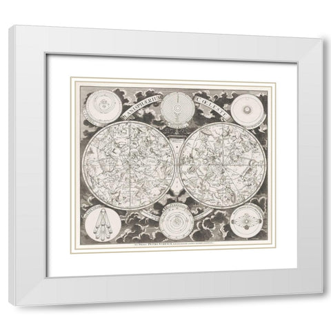 Sky map showing the northern and southern constellations 1705 White Modern Wood Framed Art Print with Double Matting by Schenk, Pieter