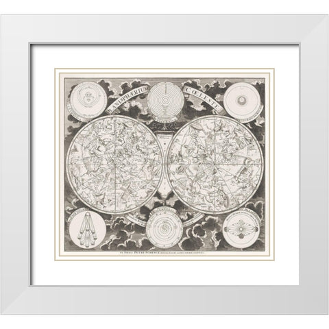 Sky map showing the northern and southern constellations 1705 White Modern Wood Framed Art Print with Double Matting by Schenk, Pieter