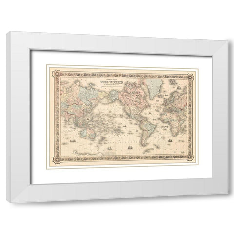 Coltons Map of the World on Mercators Projection 1858 White Modern Wood Framed Art Print with Double Matting by J H Colton and Co