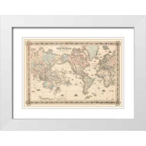 Coltons Map of the World on Mercators Projection 1858 White Modern Wood Framed Art Print with Double Matting by J H Colton and Co