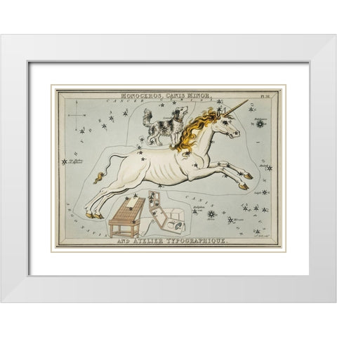 Astronomical chart illustration of the Monoceros-Canis Minor and the Atelier Typographique White Modern Wood Framed Art Print with Double Matting by Hall, Sidney