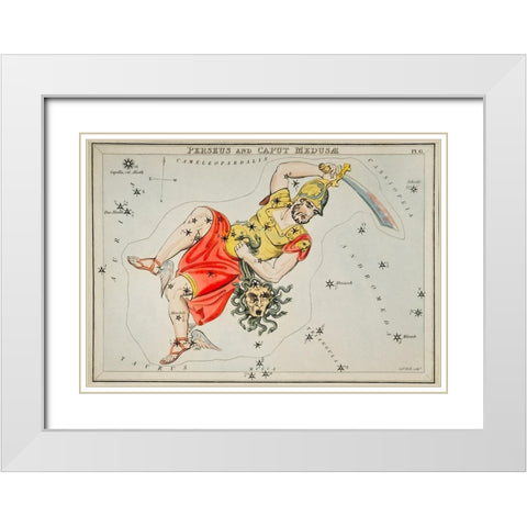 Astronomical chart illustration of the Perseus and the Caput Medusae White Modern Wood Framed Art Print with Double Matting by Hall, Sidney