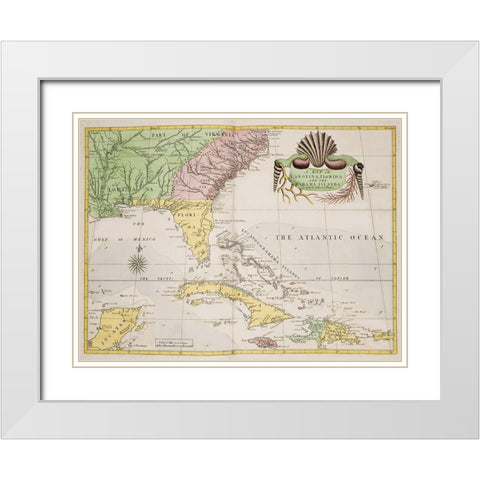 A map of Carolina-Florida and the Bahama Islands 1754 White Modern Wood Framed Art Print with Double Matting by Catesby, Mark
