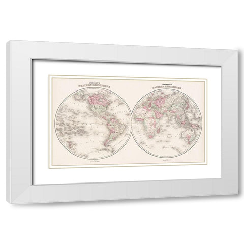Johnsons Western and Eastern Hemisphere 1866 White Modern Wood Framed Art Print with Double Matting by Johnson and Ward