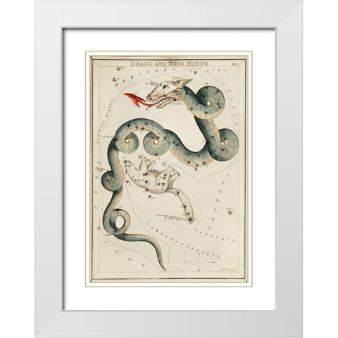 Astronomical chart illustration of the Draco and the Ursa Minor White Modern Wood Framed Art Print with Double Matting by Hall, Sidney
