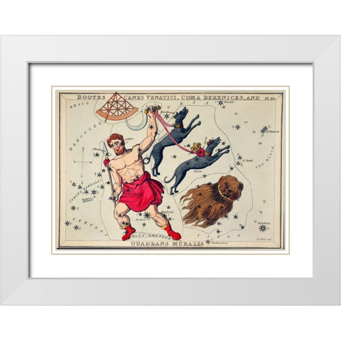 Astronomical chart illustration of Bootes Canes Venatici-Coma Berenices-and Quadrans Muralis White Modern Wood Framed Art Print with Double Matting by Hall, Sidney