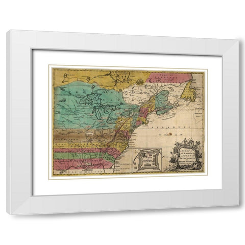 Map of British and French Settlements in America 1755 White Modern Wood Framed Art Print with Double Matting by Vintage Maps