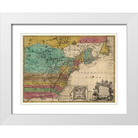 Map of British and French Settlements in America 1755 White Modern Wood Framed Art Print with Double Matting by Vintage Maps
