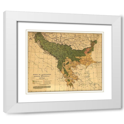 Balkan Zones of Civilization 1918 White Modern Wood Framed Art Print with Double Matting by Vintage Maps