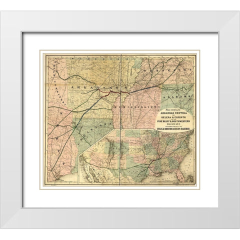 Arkansas Central 1872 White Modern Wood Framed Art Print with Double Matting by Vintage Maps
