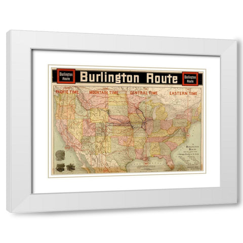 Burlington Route with Time Zones 1892 White Modern Wood Framed Art Print with Double Matting by Vintage Maps