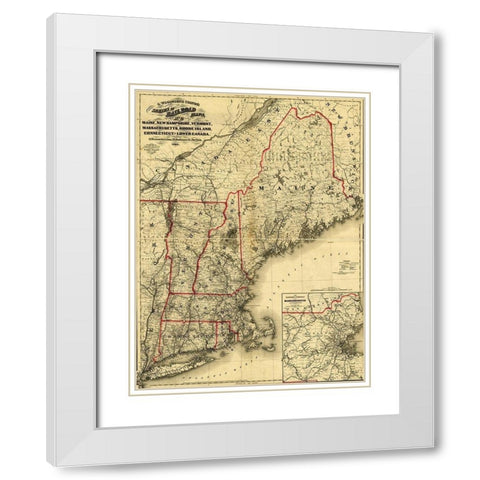 Maine New Hampshire Vermont Massachusetts Rhode Island Connecticut and Lower Canada 1860 White Modern Wood Framed Art Print with Double Matting by Vintage Maps