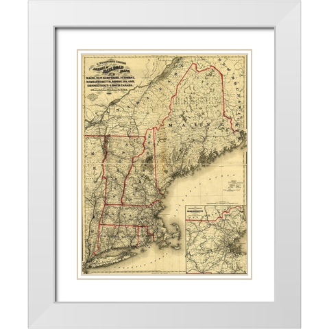 Maine New Hampshire Vermont Massachusetts Rhode Island Connecticut and Lower Canada 1860 White Modern Wood Framed Art Print with Double Matting by Vintage Maps