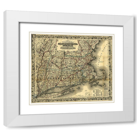 Massachusetts Rhode Island and Connecticut 1853 White Modern Wood Framed Art Print with Double Matting by Vintage Maps