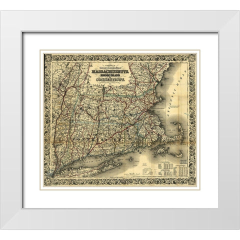 Massachusetts Rhode Island and Connecticut 1853 White Modern Wood Framed Art Print with Double Matting by Vintage Maps
