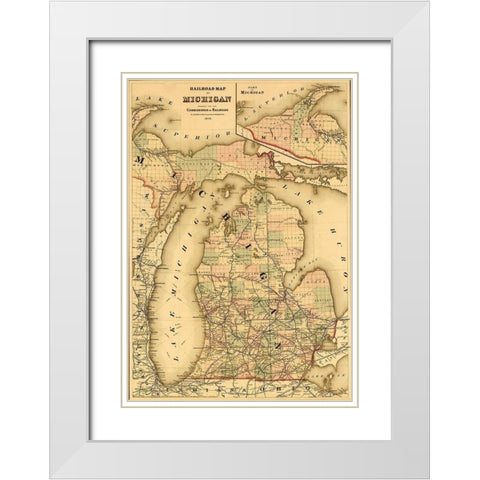 Michigan 1876 White Modern Wood Framed Art Print with Double Matting by Vintage Maps