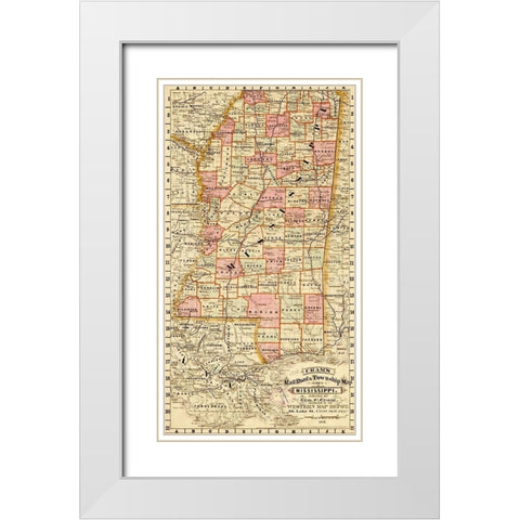 Mississippi State 1878 White Modern Wood Framed Art Print with Double Matting by Vintage Maps