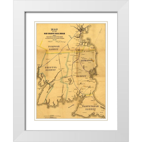 Old Colony Rail Road 1850 White Modern Wood Framed Art Print with Double Matting by Vintage Maps