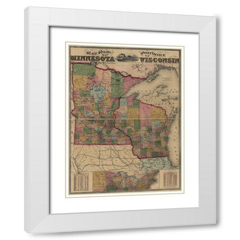 Railroad and post office map of Minnesota and Wisconsin 1871 White Modern Wood Framed Art Print with Double Matting by Vintage Maps