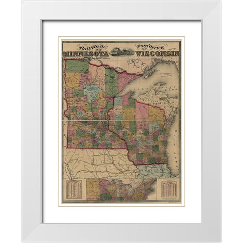 Railroad and post office map of Minnesota and Wisconsin 1871 White Modern Wood Framed Art Print with Double Matting by Vintage Maps