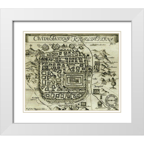 Modern Antique Map of Jerusalem White Modern Wood Framed Art Print with Double Matting by Vintage Maps