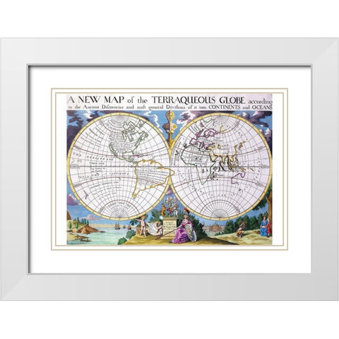 Stereographic Projection of the World with Latitude and Longitudinal lines White Modern Wood Framed Art Print with Double Matting by Wells, Edward