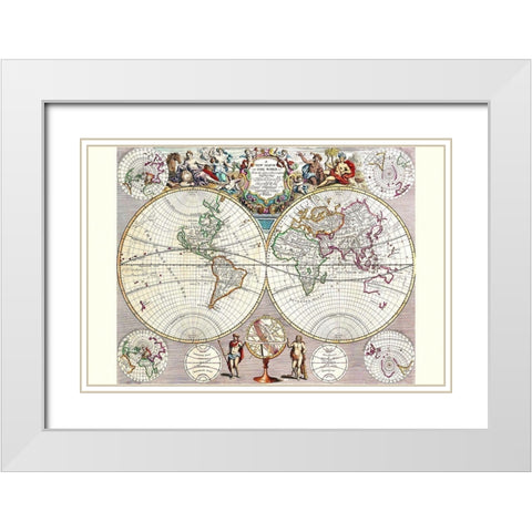 World Map with Figural Representations of the Worlds Peoples White Modern Wood Framed Art Print with Double Matting by Seney, John